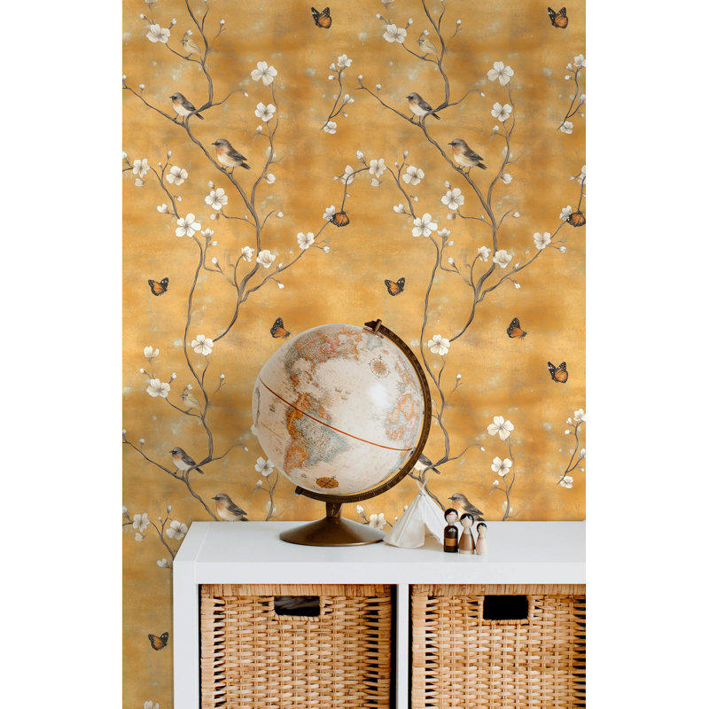 Papier peint rétro avec fleurs et papillons