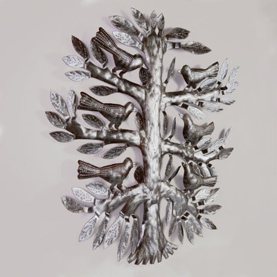 Décoration murale tambour en acier 3D arbre de vie avec oiseaux assis