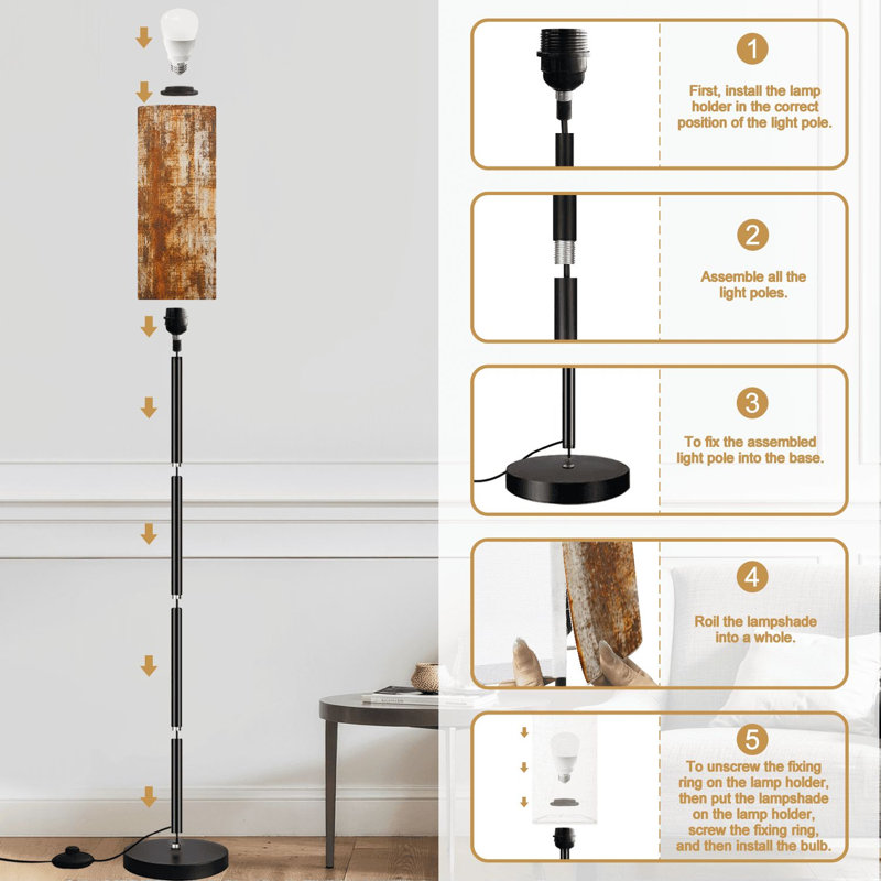 Lampe sur pied en bois effet rustique à intensité variable moderne avec télécommande et pédale, abat-jour, abat-jour haut, lampe de coin pour le salon, la chambre et le bureau