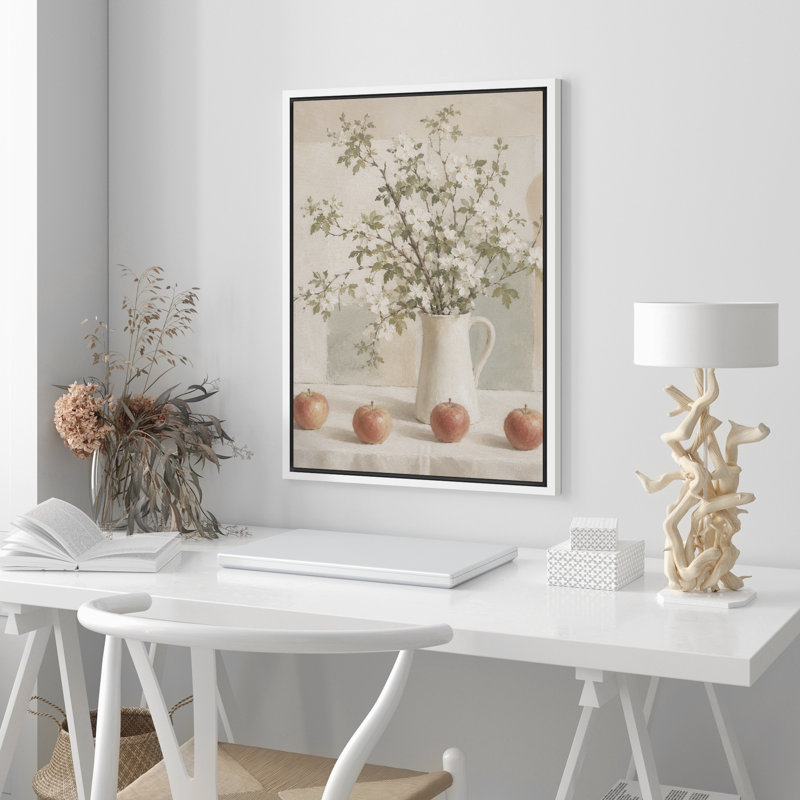 «White Blossom Branches And Apples Still Life», reproduction d'art sur toile encadrée dans la chambre principale, White