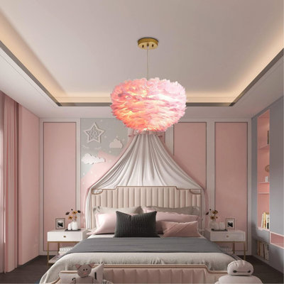 Lustre rose à plumes de 45 cm pour salon, luminaire moderne et romantique à 3 lumières pour chambre à coucher