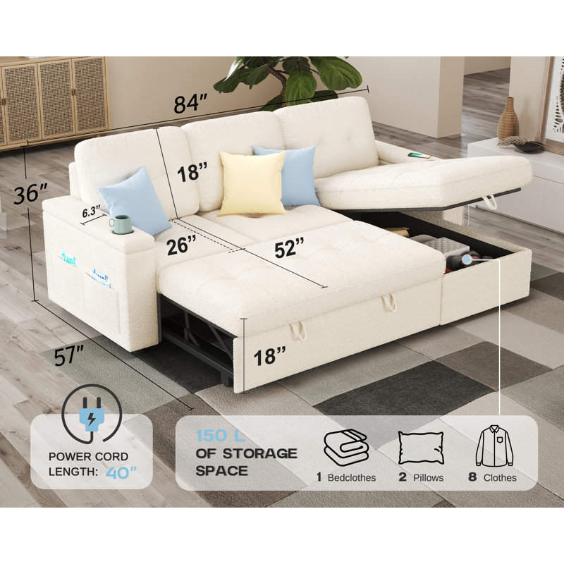 Sleeper Sofa Bed, 84 Inch Pull Out Couch With 2 USB & Cup Holders, Tufted L Shape Convertible Sofa With Storage Chaise