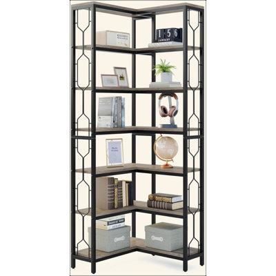7-Tier Tall Industrial Corner Bookshelf, Wood & Metal Etagere Open Display Storage Shelf for Home Office, Living Room & Kitchen