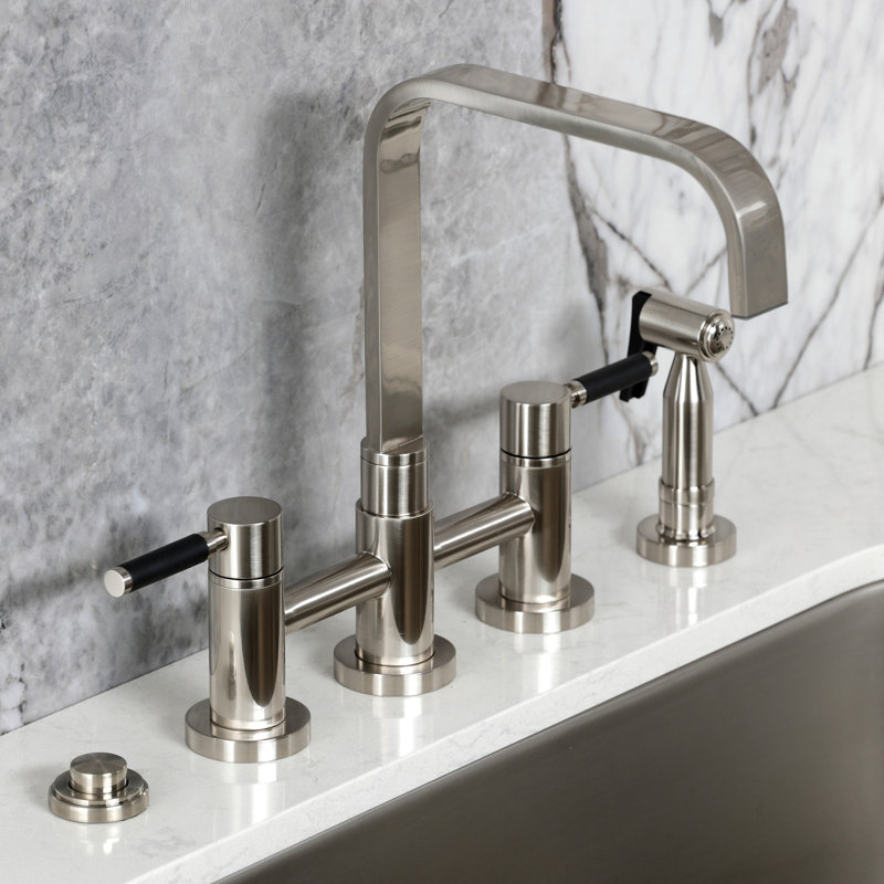 Kingston Brass Kaiser Two-Handle 4-Hole Deck Mount Bridge Kitchen Faucet with Brass Side Sprayer, Brushed Nickel