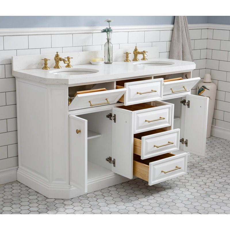 Bruning 60" Carrara Engineered Marble Countertop Bath Vanity with Faucet, Satin Brass Deck Mount, Pure White