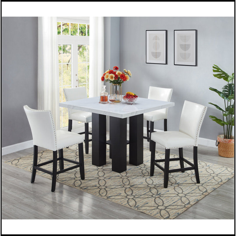 2Pc Counter Height Upholstered PU Chair With Footrest Chrome Nailhead Trim Pub Height, White