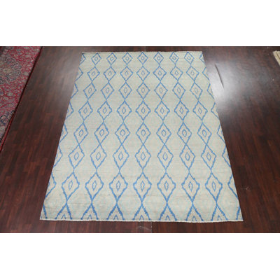 Tapis gris / gris anthracite / bleu en laine noué à la main de conception unique 8 pi 11 po x 11 pi 10 po