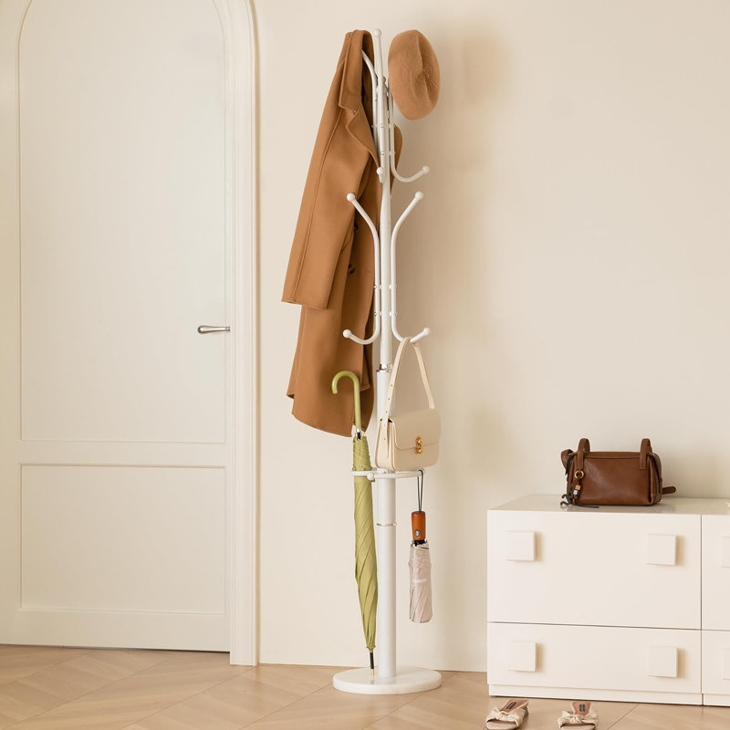 Metal Coat Rack Freestanding with Marble Base, White