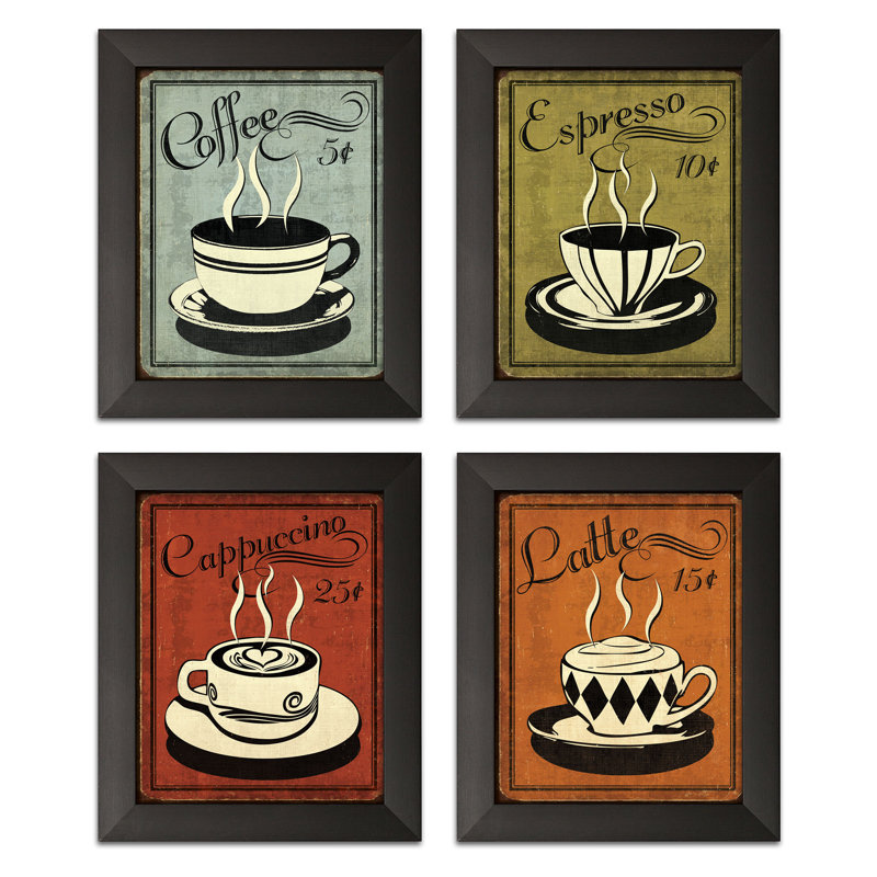 «Classic and Colorful Retro Coffee» par R. Harbick, ensemble de reproductions d'art encadrées, Papier avec cadre noir