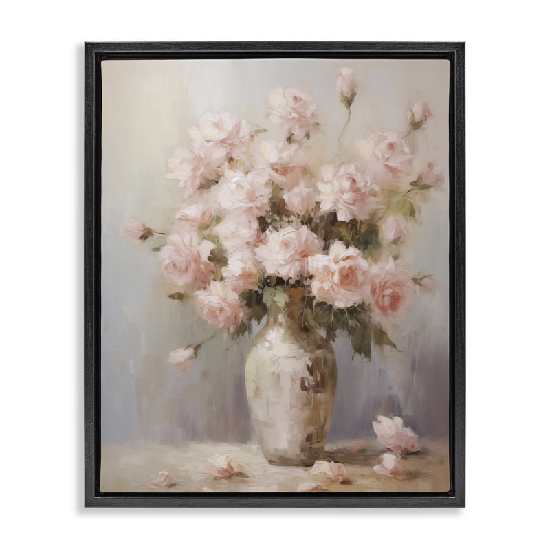 Cadre flottant Vase of Soft Pink Roses, design par Arlington Prints, Cadre flottant noir de jais, H 21 po x l 17 po