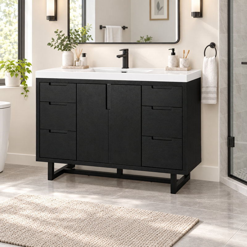 Meuble-lavabo autoportant moderne de 120 cm (47,2 po) avec comptoir en résine SMC, 2 portes d'armoire et 6 tiroirs, glissières de tiroir à fermeture douce dissimulées