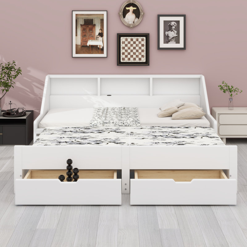 Daybed Frame with Built-in Storage Shelves and Pull-out Drawers, White