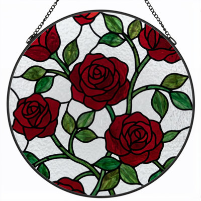12"H Red Roses Stained Glass Window Panel