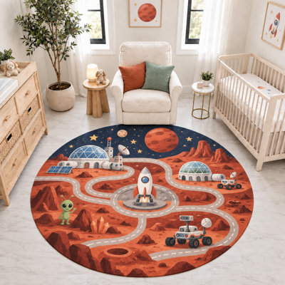 Tapis rond « ultra-fin » 183 x 183 cm, motif fusée et rover de la base spatiale martienne, tapis d'intérieur doux à poils courts et envers antidérapant en silicone, idéal pour la chambre d'enfant, la chambre de bébé ou la salle de jeux.