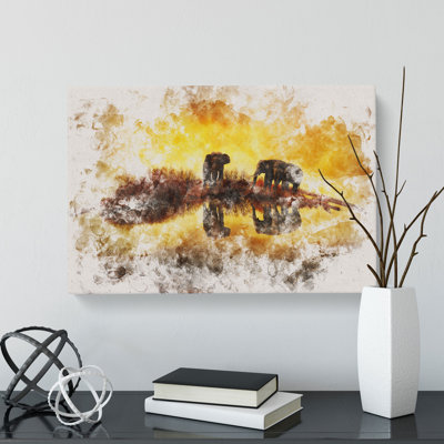 Elephants At Sunset Watercolour - Wrapped Canvas