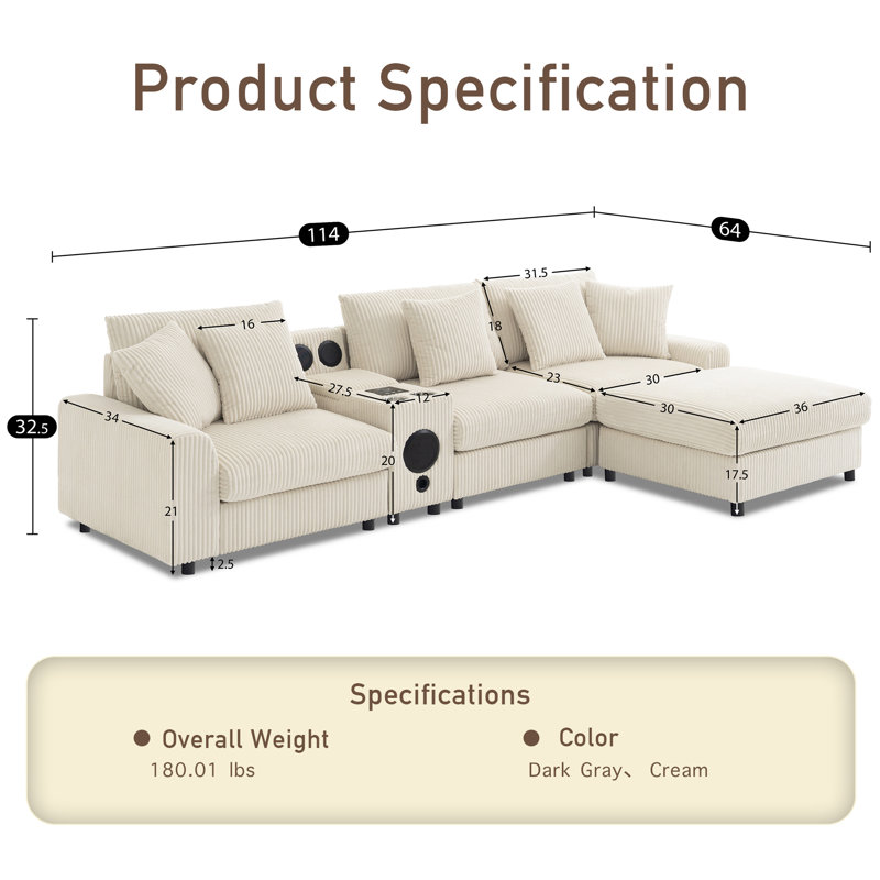 4 - Seater Upholstered Corduroy Fabric Sectional, Cream Corduroy