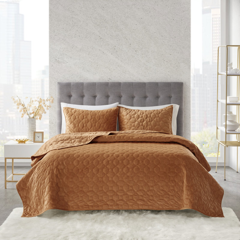 Ensemble de courtepointe en velours de trois articles Harper, Couvre-lit double/grand et 2 taies décoratives st, rouille