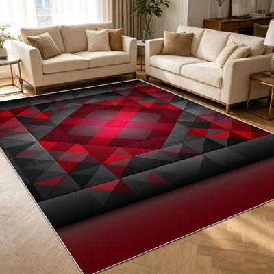 1PC Geometric Triangle Mosaic Red Dark Grey area rugs for Living Room, Soft and Comfortable, Suitable for all seasons, easy-to-maintain, machine washable Indoor floor mat, Under Table Farmhouse suitable for Dining Room, Bedroom, Entryway,