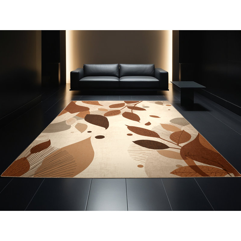 Tapis beige rustique abstrait à motif de feuilles d'automne lavables à la machine - Reliure beige, Rond 3 pi