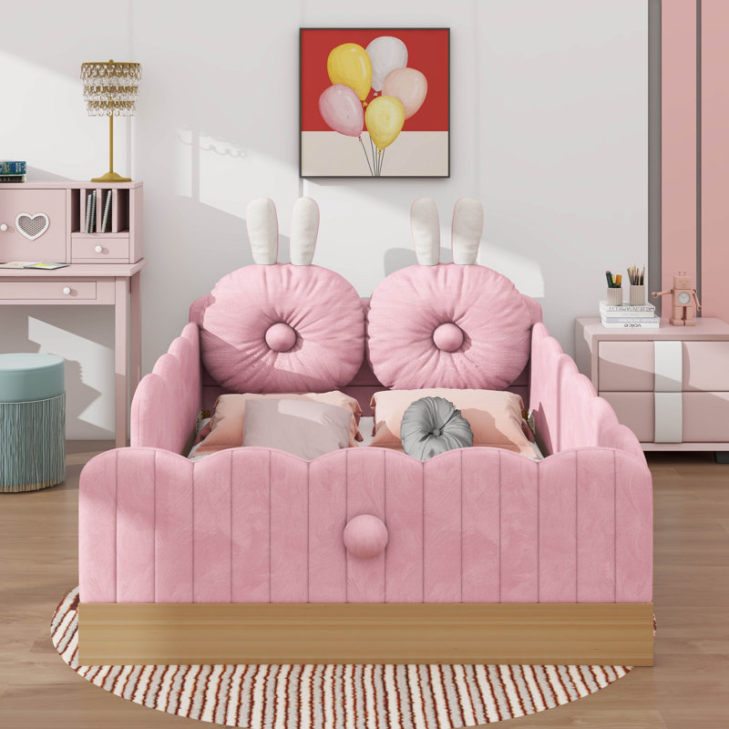 Lit plateforme tapissier simple avec coussins et sacs de rangement, Rose