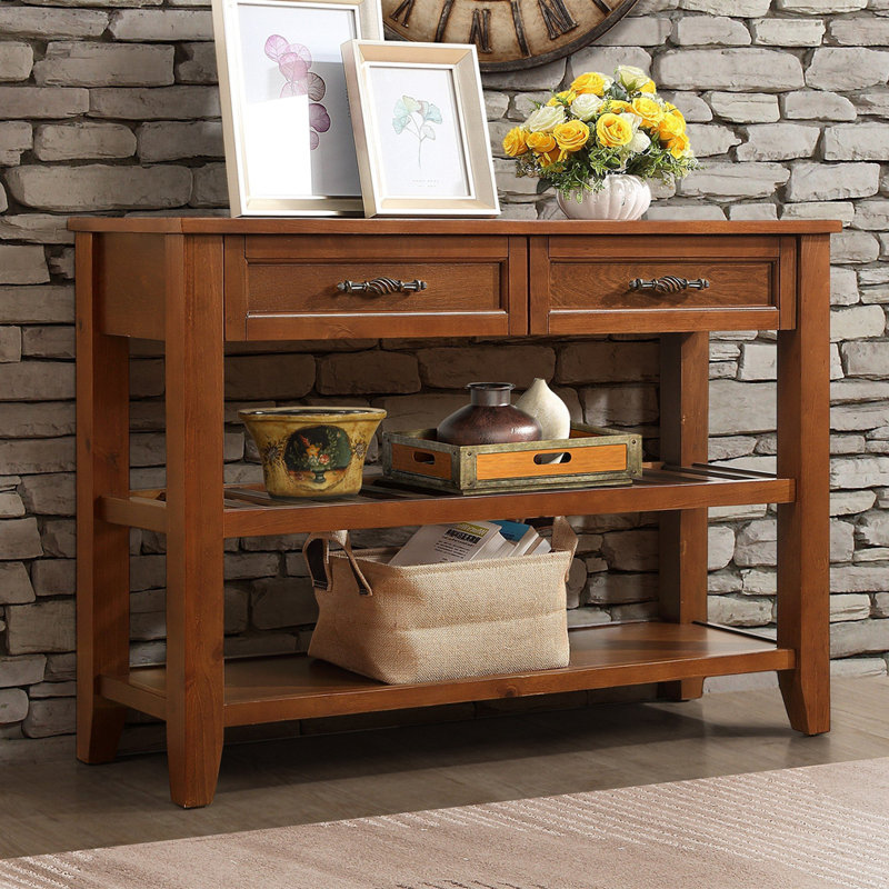 Console de style Mid-Century avec 2 tiroirs de rangement et 2 tablettes à niveaux, Brun