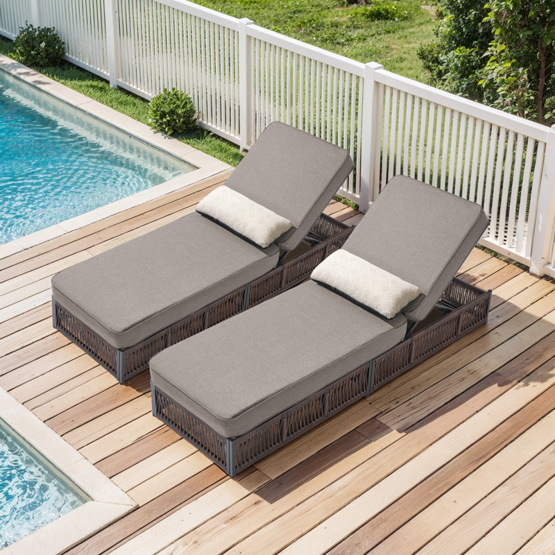 Pecofarm 2-Piece Wicker Rattan Outdoor Chaise Lounge With 5" Thick Cushions, 5-Position Adjustable Patio Recliner, Gray