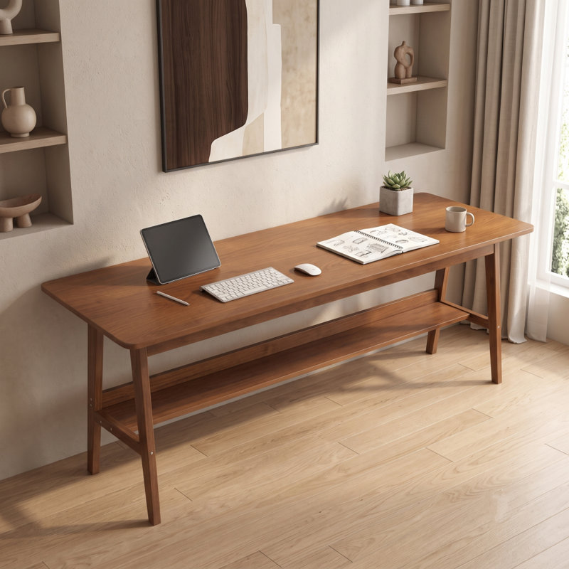 Bureau d'ordinateur 63 "de style Mid-Century moderne avec tablette de rangement, très long bureau pour 2 personnes avec pieds en bois massif pour bureau à domicile en noyer