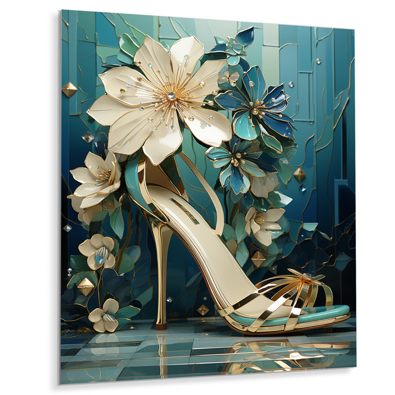 Blue High Heel Floral Elegance I - Fashion High Heels Metal Wall Art, 32" H x 24" W x 1" D