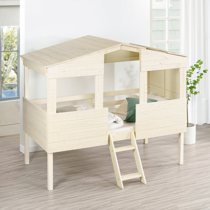 Lit superposé simple Balltown: bois massif, simple sur simple, enfants, tout-petits, bas, rangement et maison, Sable
