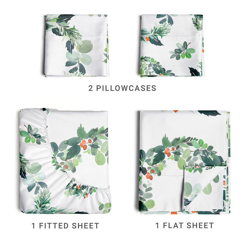 Christmas Sheet Set, Festive Holiday Bedding, Soft & Cozy, Wrinkle Free Bed Sheets, Wreaths, Queen Sheet Set + 2 Pillowcases
