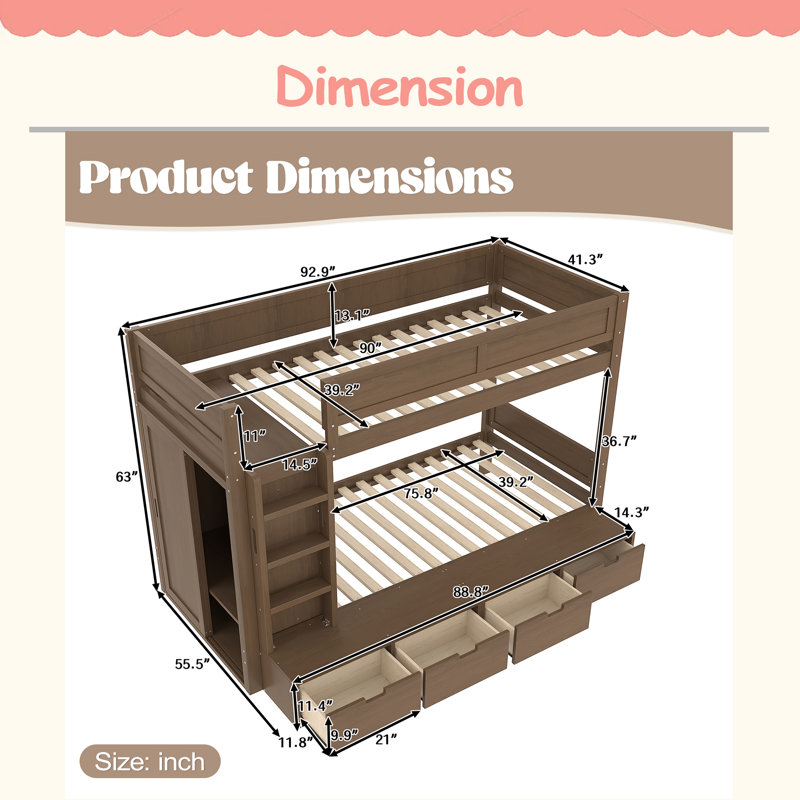 Twin Over Twin Bunk Bed With 4 Storage Drawers, Brown