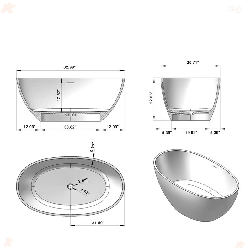 63 Inch Freestanding Solid Surface Soaking Bathtub
