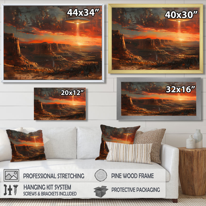 Brun et rouge Alien paysage Ufos - décoration murale Ufos, H 24 po x l 32 po, Cadre flottant brun, bois massif