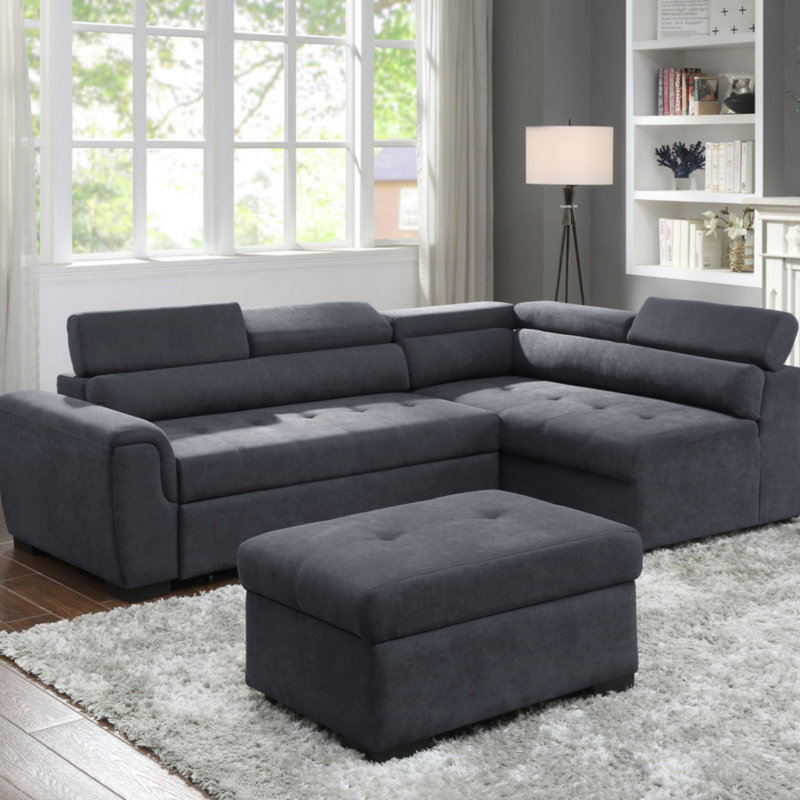Canapé-lit modulaire en tissu gris foncé 97 po avec repose-tête réglable et repose-pieds avec rangement 97 po