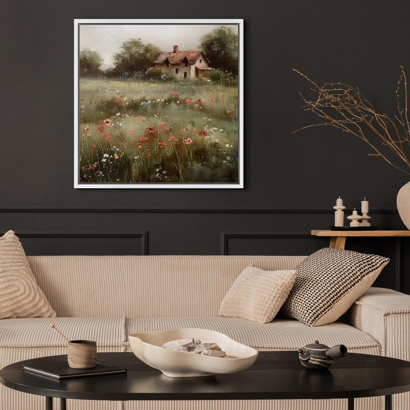 "Vintage Pastorale Solitude Cottage au milieu d'illustrations de fleurs sauvages champêtre français rustique", Blanc