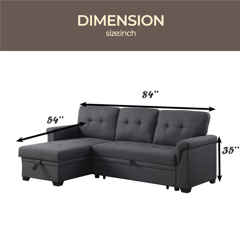 Canapé-lit modulaire réversible en lin 84 po avec rangement, Lin gris foncé, Orienté à droite