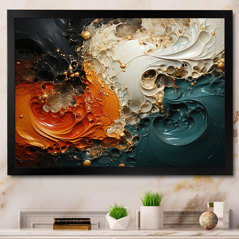 Orange et émeraude marbre lave V - art mural abstrait, H 16 po x l 32 po x P 1 po, Cadre d'angle fermé noir