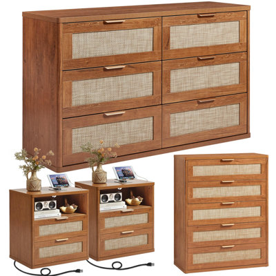 Rattan Dresser and Nightstand Set of 4, Boho Style, 6-Drawer Dresser, 5-Drawer Dresser, two Nightstands with Charging Station