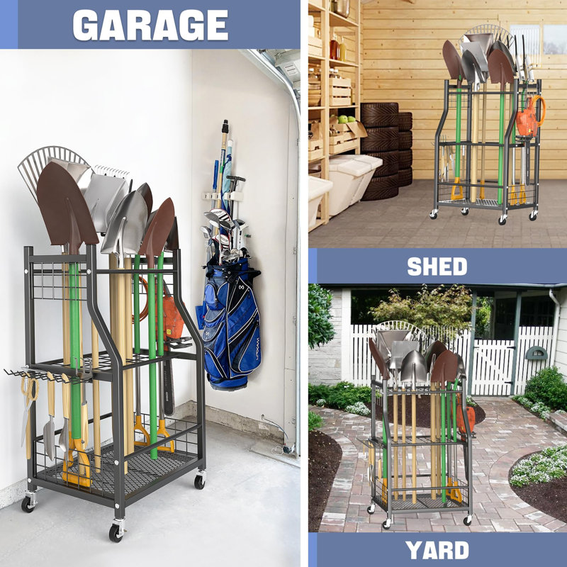 Rangement pour outils de jardin avec roues pour le garage, support de rangement pour râteaux / pelles / outils de jardin, chariot à outils pour l'intérieur / extérieur