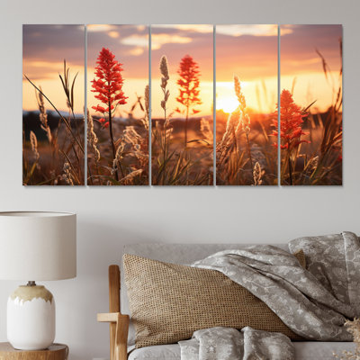 Champ de fleurs sauvages avec coucher de soleil - décoration murale florale - 5 panneaux égaux