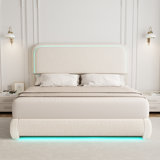 LED Teddy Fleece Platform Bed Frame with Round Corner Upholstered Headboard