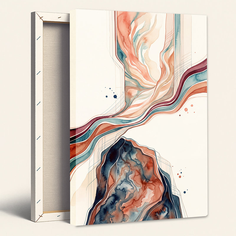 Art abstrait sur toile, rubans aquarelles abstraites en sarcelle et terre cuite, H 30 po x l 20 po