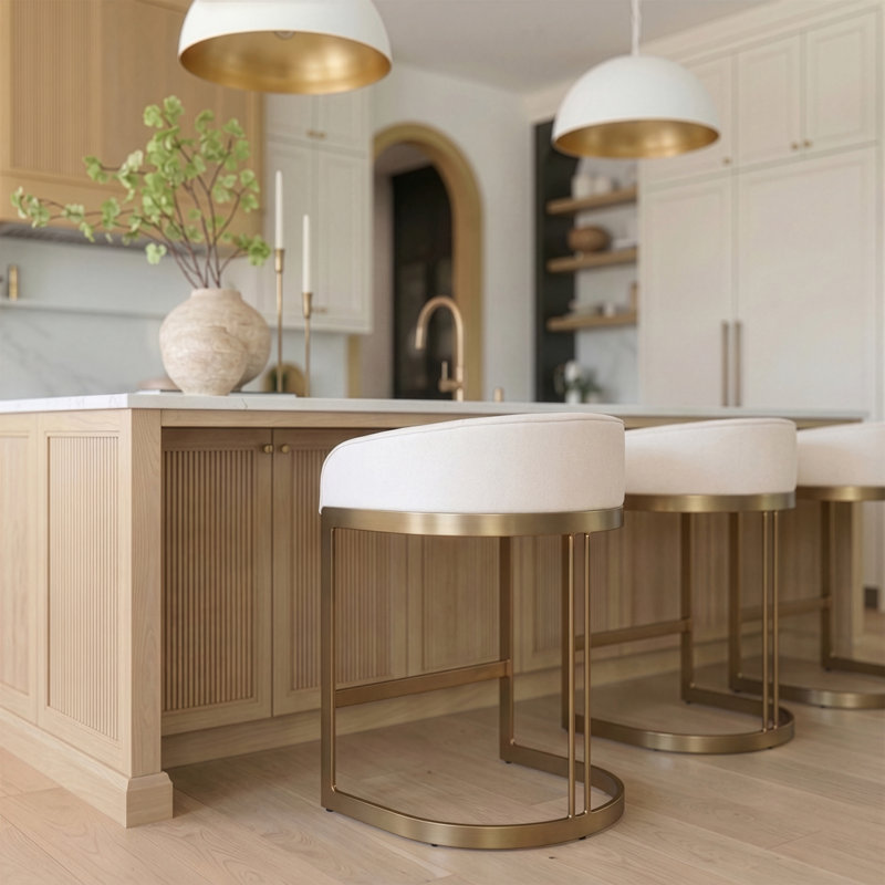 Bradley Upholstered Bar & Counter Stool, Counter Stool (24.75" Seat Height), Brass, Ivory-Cream