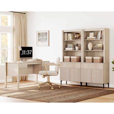 Home Office Set, 58" Modern Executive Desk With Charging Station & 2 Piece 71.8"H Tall 10-Tier Fluted Bookcases With Drawers And Doors For Living Room, Bedroom, Home Office