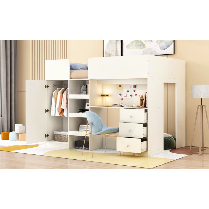 Lit mezzanine double beige avec garde-robe, bureau, rangement - tiroirs de qualité et excellent