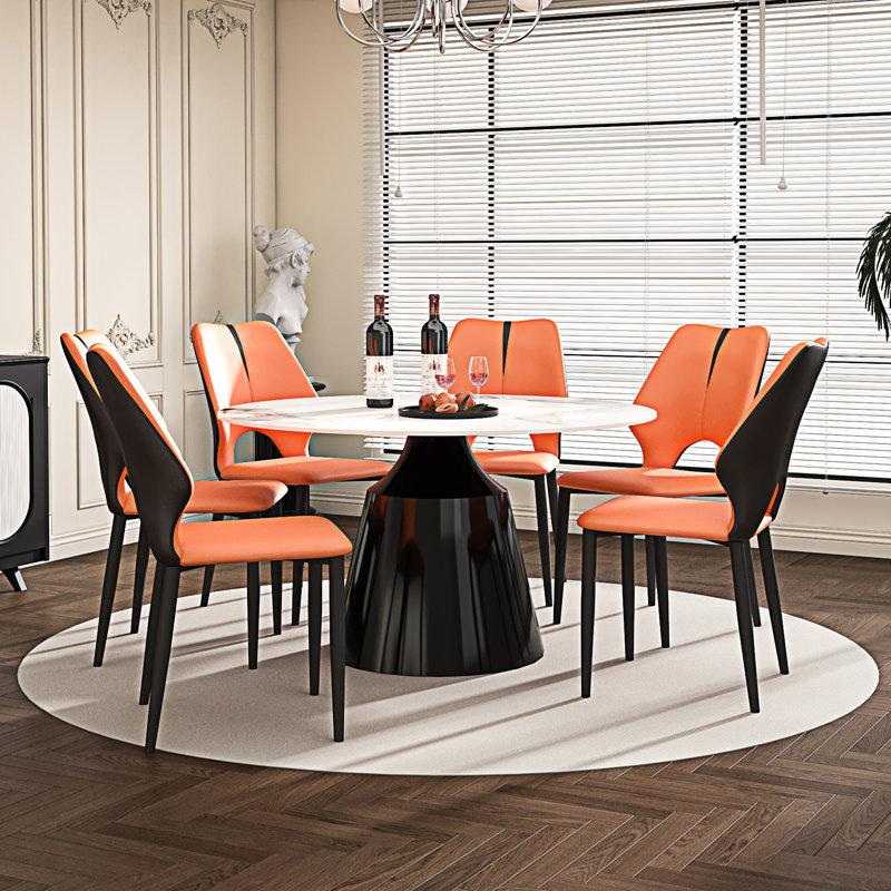 Marble Round Dining Table, 29.92"H x 59.1"L x 59.1"W, Black,White Marble