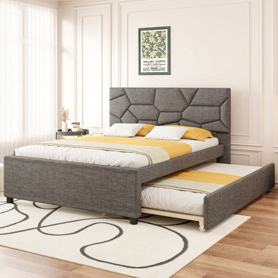 Grand lit plateforme tapissier grand avec tête de lit à motif brique et gigogne simple TG, tissu en lin, gris (ANCIEN SKU: SF000004AAE)