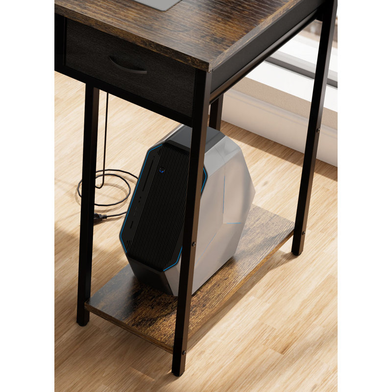 47" Black Computer Desk with Power Outlet, 7 Fabric Drawers, Vanity Table, and Side Pocket, Rustic Brown/.Black