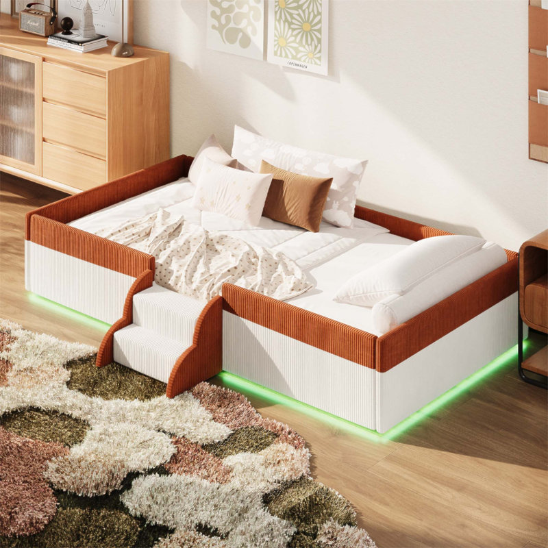 Lit tapissier avec clôture, 2 marches et lumières DEL intelligentes, solution de sommeil moderne et sécuritaire (sans matelas)