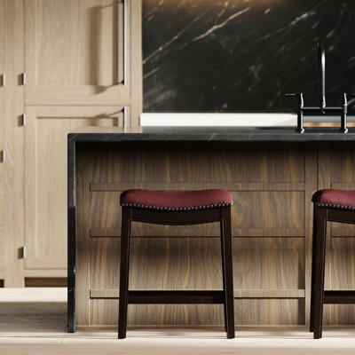 Red Faux Leather Seat 26In H Counter - Height Wood Bar Stool Solid Hardwood Configuration Nail Head Embellishment Metal Cover For Foot Rests Simple To Put Together Featuring Build Trim Rest Covers